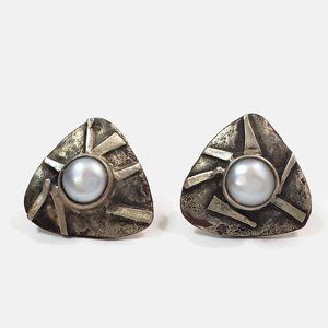Vintage Cultured Mabe Pearl Silver Plated Copper Earrings Signed A. Tavoh